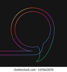 One line drawing of round speech bubble, Rainbow colors on black background vector minimalistic linear illustration made of continuous line
