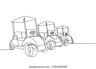 Um desenho de uma linha de três carrinhos de golfe, recuando para a distância, simbolizando vários jogadores de golfe, uma frota de carrinhos, ou um campo de golfe ocupado. Evento do Dia Nacional do Carrinho de Golfe