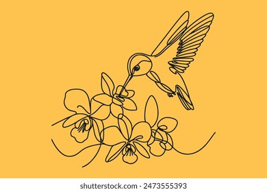 one line drawing of a Ruby-throated Hummingbird with Orchid flowers