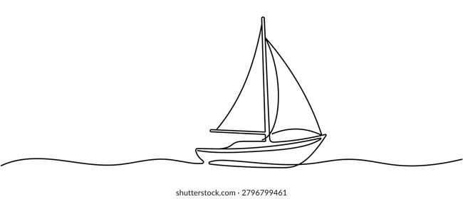 One line drawing of a sailing boat on sea waves. Editable stroke