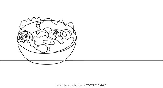 One line drawing of a salad in a bowl. A simple and healthy food depiction. Vector illustration.