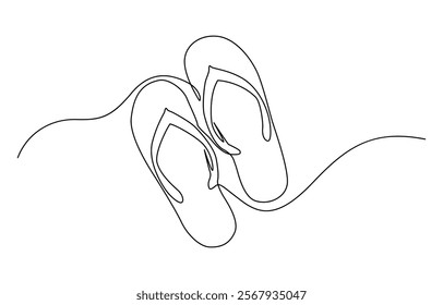 One line drawing Sandals vector. Slippers single line vector linear icon. Continuous one line drawing of slippers for beach, Summer party Isolated on white background.