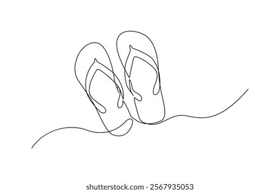 One line drawing Sandals vector. Slippers single line vector linear icon. Continuous one line drawing of slippers for beach, Summer party Isolated on white background.