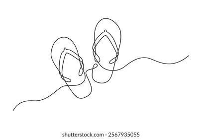 One line drawing Sandals vector. Slippers single line vector linear icon. Continuous one line drawing of slippers for beach, Summer party Isolated on white background.