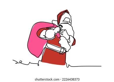 One line drawing of a Santa Claus carrying bag with gifts inside isolated on white background. Holiday concept. Marry Christmas and Happy New Year eve theme.