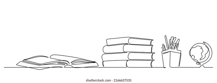 one line drawing of school stationery objects such as stack of book,pencil case,global stand map : back to school concept vector illustration