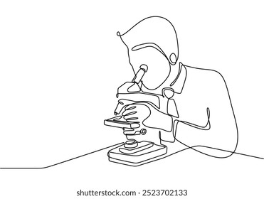 One line drawing of a scientist engaged with a microscope. Illustrating the pursuit of knowledge through research. Vector illustration.
