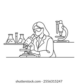 One line drawing of scientist working using microscope. Research and science concept - line art illustration.