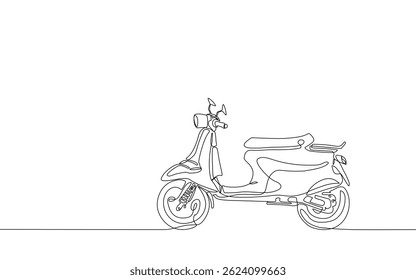 One line drawing of a scooter. Minimalist and continuous line art concept, ideal for transportation, urban life, or vehicle design themes. Vector illustration, Editable stroke