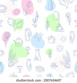 One line drawing Seamless pattern Silhouette Continuous line Vector stock illustration White background Doodles Decor. Bottle, vase, dishes, flowers, leaves, cup, palm, rose, teapot, glass, decanter
