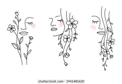 One line drawing. Set of abstract beautiful girl with flower or leaf in long hair. Decorative female beauty icon with floral pattern. Natural cosmetic concept. Vector illustration	