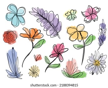 One line drawing set of flowers with colored watercolor blob texture vector illustration. Botanical modern doodle collection for decoration template