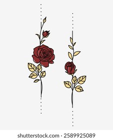 One line drawing. Set of garden red roses with stem and leaves. Hand drawn sketch. Vector stock illustration.