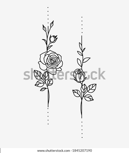 One line drawing. Set of\
garden roses with stem and leaves. Hand drawn sketch. Vector\
illustration.