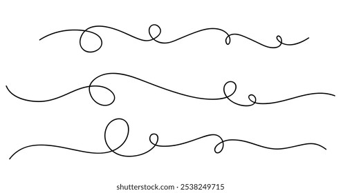 One line drawing. Set of outline curved lines with swirls. Abstract decorative horizontal border element with curved lines and swirls. Frame design element. Vector illustration.