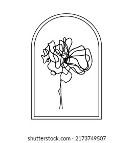 One Line Drawing Set Of Plants Black Sketch of Flowers with frame Isolated on White Background. Flowers One Line Illustration. Minimalist Prints Set. Vector. Modern Single Line Art, Aesthetic Contour.