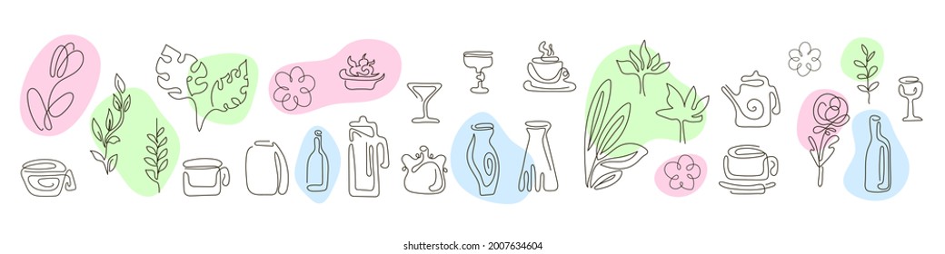 One line drawing. Set. Silhouette. Continuous line. Vector stock illustration. White background. Doodles. Decor. Bottle, vase, dishes, flowers, leaves, cup, palm, rose, teapot, glass, decanter