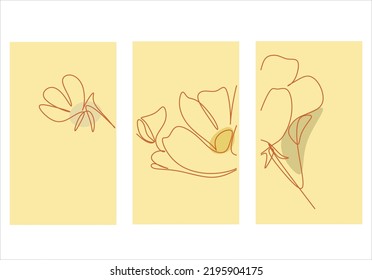 One line drawing set of vector flowers. Botanical poster. Modern single line art, aesthetic outline. Ideal for home decor, wall art posters or t-shirt printing, mobile case. Continuous line drawing