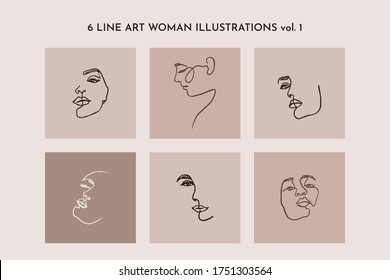 One Line drawing of set Woman's Face. Continuous line Portrait of a girl In a Modern Minimalist Style. Vector Illustration. For printing on t-shirt, Web Design, beauty Salons, Posters and other