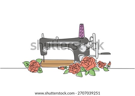 One line drawing of sewing machine adorned with rose flowers and leaves, symbolizing the beauty, artistry, and passion associated with the craft of sewing. Hobby concept of National Sewing Machine Day