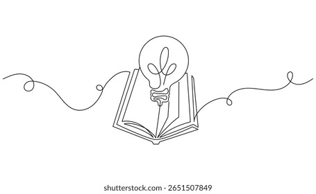 One line drawing of shining light bulb above open book. Minimalist education, learning, and idea logo concept. Vector illustration. Continuous single line art.