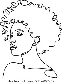 Un dibujo de línea que muestra el perfil de la mujer hermosa con el pelo afro rizado grande. Concepto de belleza negro con elegante peinado natural y fondo transparente.