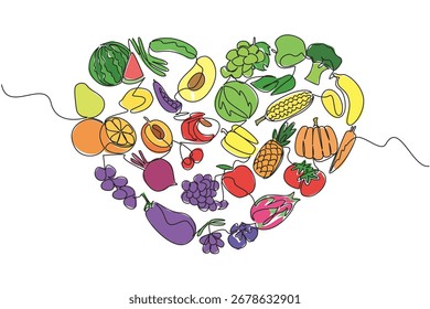 Um desenho mostrando um coração colorido repleto de várias frutas e verduras, destacando a diversidade em dietas à base de plantas. Ilustração do conceito de comida para o Dia Flexitariano de Comer.