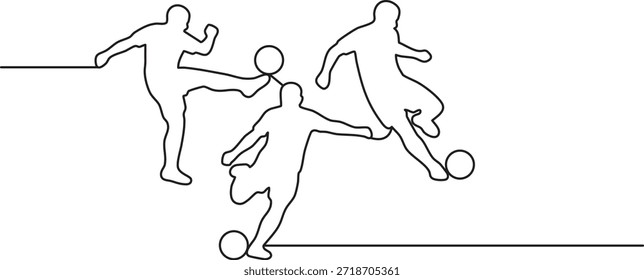 One line drawing showing three soccer players in dynamic action poses during a game