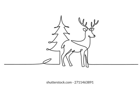 One line drawing shows a deer stag in the forest, a symbol for christmas and new year.