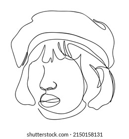 One Line Drawing, Single Continuous Line Sketch Woman Female Face wearing Beret