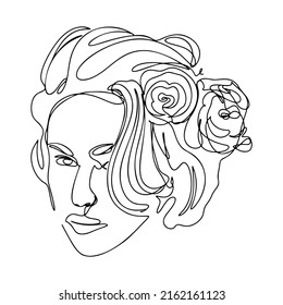 Dibujo de una línea, dibujo de una sola línea continua mujer cara floral femenina con flores