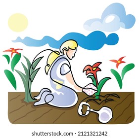 One line drawing of sitting pretty blond woman gardener.
One continuous line drawing of woman enjoying gardening in spring.