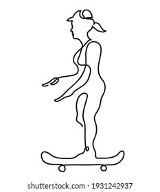 One line drawing of skater woman.
One continuous line drawing of woman riding her longboard