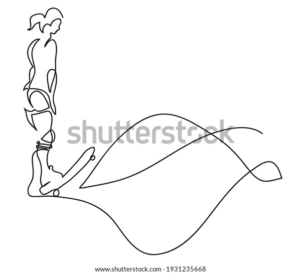 One line drawing of skater\
woman.\
One continuous line drawing of woman riding her\
longboard.