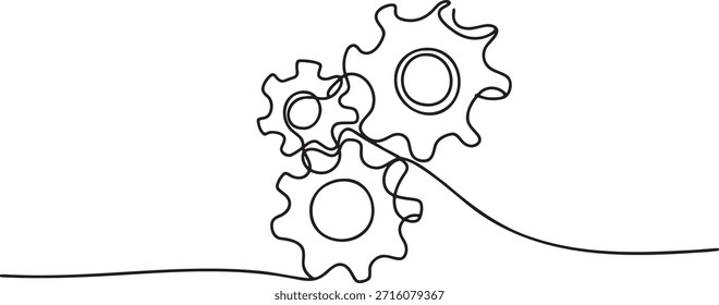 One line drawing sketch of three spinning cog wheels linked together. Gears symbolize mechanism process solution development and corporate collaboration. Minimalist vector illustration of business interaction success and industrial technology. Mechanical parts working together smoothly.