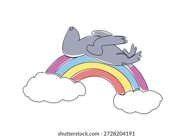 Um desenho de linha de leão-marinho cinzento elegante e bonito se desloca pacificamente em um sono supino. Ele repousa sobre um arco-íris vibrante e colorido que se estende através do céu tranquilo e azul, evocando a calma dos sonhos do oceano profundo
