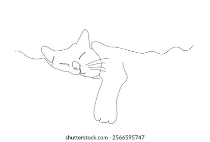 One line drawing sleeping cat. Pet shop design logo. Abstract minimal style.  Kitten drawing using single one line drawing. Hand made vector not AI 