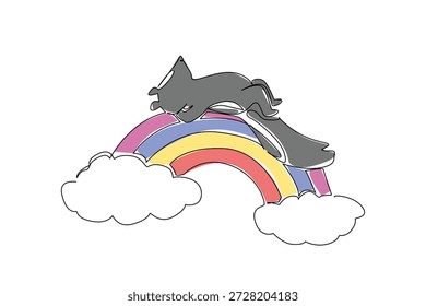 One line drawing of small, cute playful skunk, with its characteristic bold stripe down its back, lies peacefully in supine position. perfect for unique kids decor, nature print and children storybook