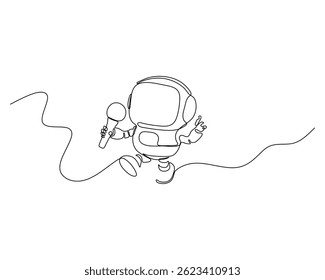 One line drawing of a small robot singing into a wired microphone, floating or performing, minimalistic cartoon style for technology, kids, and music concepts.