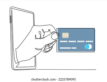one line drawing of smartphone with hands holding credit card as business concept of online shopping. Can used for logo, emblem, slide show and banner.