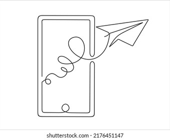one line drawing of smartphone with paper plane as business concept of startup Can used for logo, emblem, slide show and banner. Illustration with quote template. 