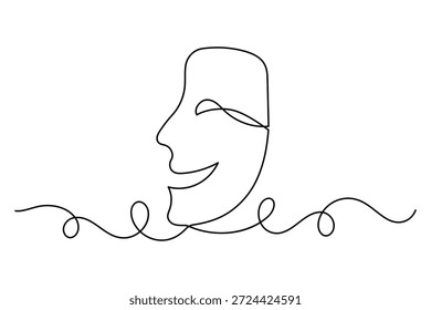 One line drawing of a smiling face mask on white background