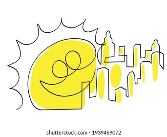 One line drawing of smiling sun and city.
One continuous line drawing of sunrise sunset over the city.
