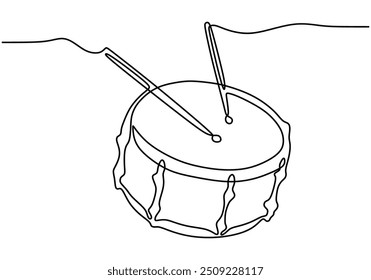 Eine Strichzeichnung einer Snare Drum mit Stöcken. Mit dem Musikinstrument im minimalistischen Vektorkunststil.