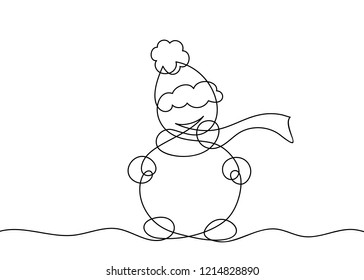 One line drawing of snowman, Black and white vector minimalistic linear illustration made of continuous line