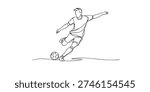 One line drawing of a soccer player kicking the ball. Hand drawn continuous line expressing power, focus, movement, and dynamic sports action.
