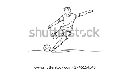 One line drawing of a soccer player kicking the ball. Hand drawn continuous line expressing power, focus, movement, and dynamic sports action.
