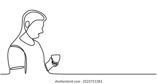 One line drawing of someone with a cup of coffee. Simple and elegant design for coffee lovers. Vector illustration.