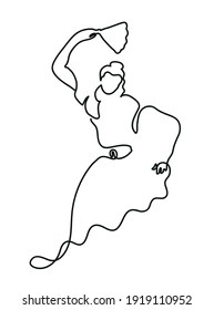 One line drawing of  spanish flamenco dancer.
One continuous line drawing of hispanic woman dancing with fan.