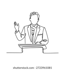 Un dibujo de una línea de un orador en un podio pronunciando un discurso